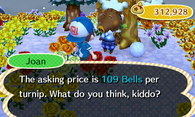 Joan: The asking price is 109 bells per turnip. What do you think, kiddo?