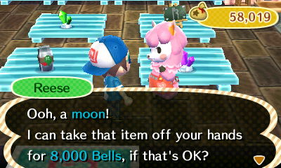 Reese: Ooh, a moon! I can take that item off your hands for 8,000 bells, if that's OK?