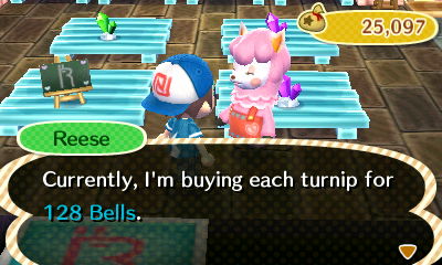 Reese: Currently, I'm buying each turnip for 128 bells.