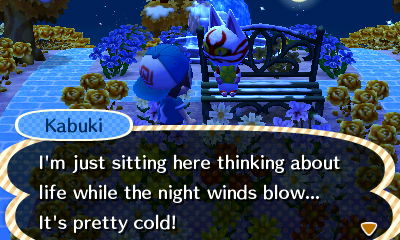 Kabuki: I'm just sitting here thinking about life while the night winds blow... It's pretty cold!