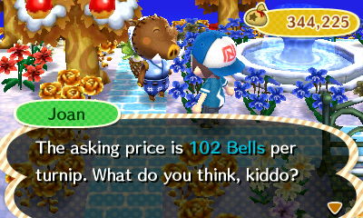 Joan: The asking price is 102 bells per turnip. What do you think, kiddo?