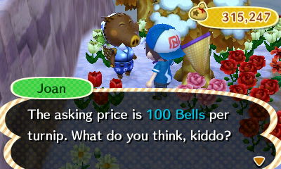 Joan: The asking price is 100 bells per turnip. What do you think, kiddo?