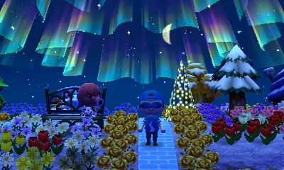 The northern lights in the sky and Octavian sitting on a bench.