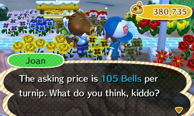 Joan: The asking price is 105 bells per turnip. What do you think, kiddo?