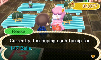 Reese: Currently, I'm buying each turnip for 147 bells.