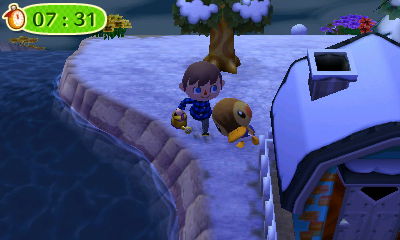 Molly hiding behind Rolf's house.