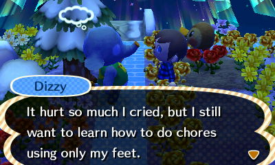 Dizzy: It hurt so much I cried, but I still want to learn how to do chores using only my feet.