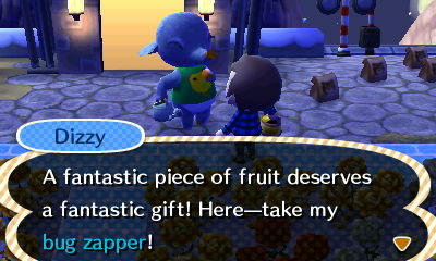 Dizzy: A fantastic piece of fruit deserves a fantastic gift! Here--take my bug zapper!