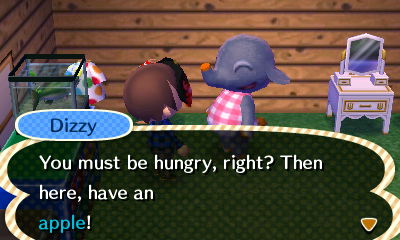 Dizzy: You must be hungry, right? Then here, have an apple!
