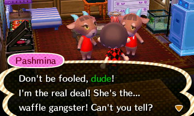 Pashmina: Don't be fooled, dude! I'm the real deal! She's the... waffle gangster! Can't you tell?