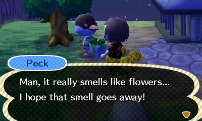 Peck: Man, it really smells like flowers... I hope that smell goes away!