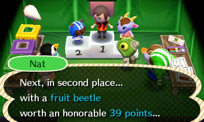 Nat: Next, in second place... with a fruit beetle worth an honorable 39 points...