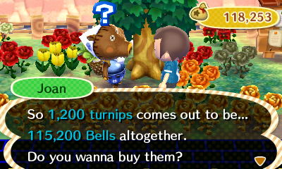 Joan: So 1,200 turnips comes out to be...115,200 bells altogether. Do you wanna buy them?