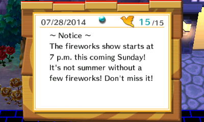 ~ Notice ~ The fireworks show starts at 7 p.m. this coming Sunday! Don't miss it!