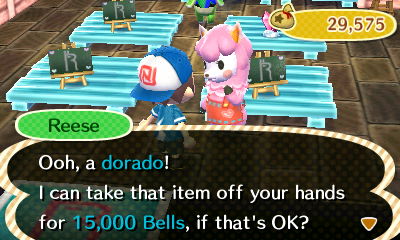 Reese: Ooh, a dorado! I can take that item off your hands for 15,000 bells, if that's OK?