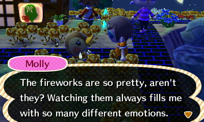Molly: The fireworks are so pretty, aren't they? Watching them always fills me with so many different emotions.
