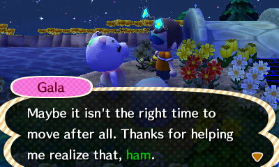 Gala: Maybe it isn't the right time to move after all. Thanks for helping me realize that, ham.