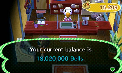 Your current balance is 18,020,000 bells.