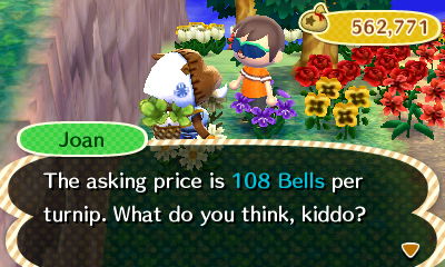 Joan: The asking price is 108 bells per turnip. What do you think, kiddo?