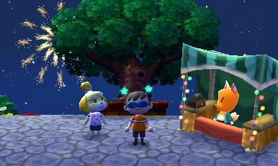 Fireworks, my town tree, Isabelle, and Crazy Redd's stand.