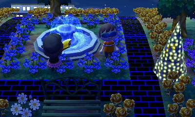 Wendy trying to throw her axe in the fountain.