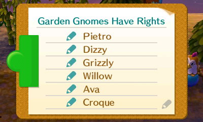 Garden Gnomes Have Rights petition signatures: Pietro, Dizzy, Grizzly, Willow, Ava, Croque.