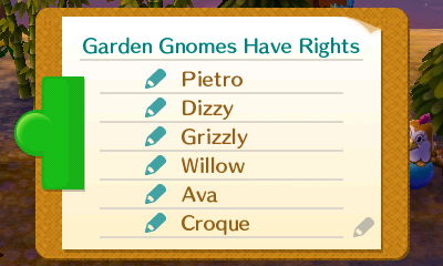 Garden Gnomes Have Rights petition signatures: Pietro, Dizzy, Grizzly, Willow, Ava, Croque.
