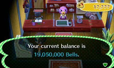 Your current balance is 19,050,000 bells.
