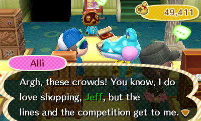 Alli: Argh, these crowds! You know, I do love shopping, Jeff, but the lines and the competition get to me.