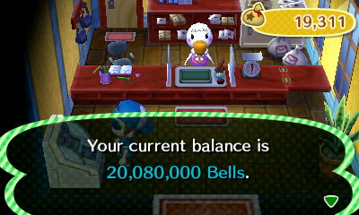 Your current balance is 20,080,000 bells.