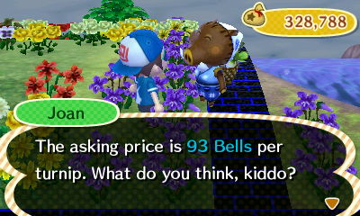 Joan: The asking price is 93 bells per turnip. What do you think, kiddo?