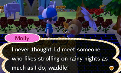 Molly: I never thought I'd meet someone who likes strolling on rainy nights as much as I do, waddle!