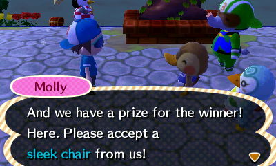 Molly: And we have a prize for the winner! Here. Please accept a sleek chair from us!