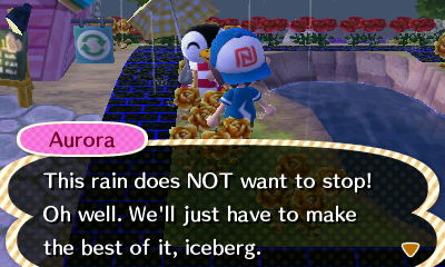 Aurora: This rain does NOT want to stop! Oh well. We'll just have to make the best of it, iceberg.