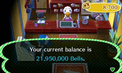 Your current balance is 21,950,000 bells.