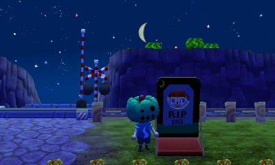 Madisyn using the gravestone standee.