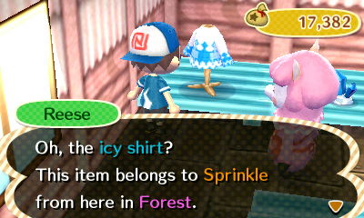 Reese: Oh, the icy shirt? This item belongs to Sprinkle from here in Forest.