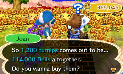 Joan: So 1,200 turnips comes out to be... 114,000 bells altogether. Do you wanna buy them?