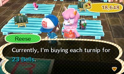 Reese: Currently, I'm buying each turnip for 23 bells.