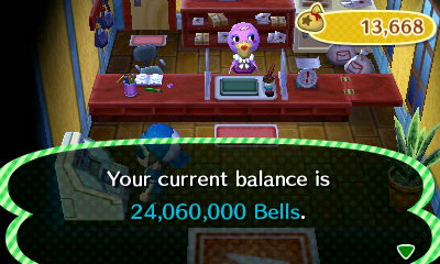 Your current balance is 24,060,000 bells.