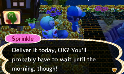 Sprinkle: Deliver it today, OK? You'll probably have to wait until the morning, though!