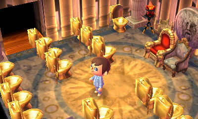 Throne room full of golden toilets.