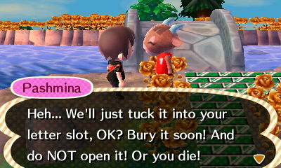 Pashmina: Heh... We'll just tuck it into your letter slot, OK? Bury it soon! And do NOT open it! Or you die!