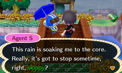 Agent S: The rain is soaking me to the core. Really, it's got to stop sometime, right, skippy?