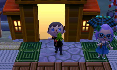 Showing Beth my lucky frog.