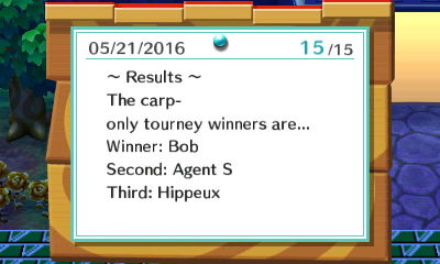 ~ Results ~ The carp-only tourney winners are... Winner: Bob. Second: Agent S. Third: Hippeux.