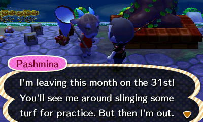 Pashmina: I'm leaving this month on the 31st! You'll see me around slinging some turf for practice. But then I'm out.