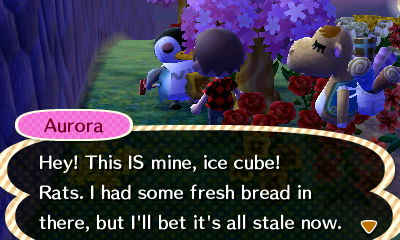 Aurora: Hey! This IS mine, ice cube! Rats. I had some fresh bread in there, but I'll bet it's all stale now.