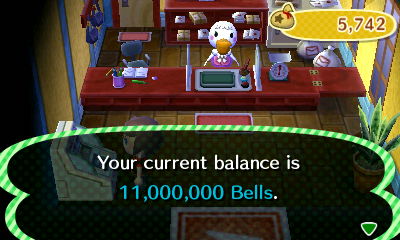 Your current balance is 11,000,000 bells.