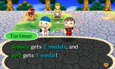 Tortimer: Jessica gets 2 medals, and jeff gets 1 medal!